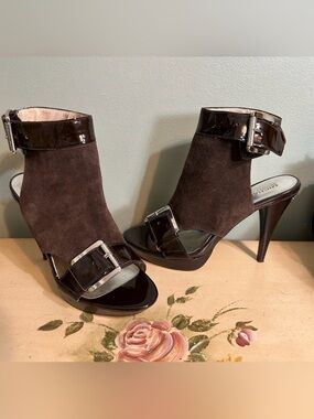Michael Kors Brown Suede Patent Leather Front Buckle Open Back Heel Ankle Bootie